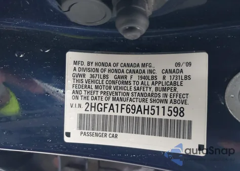 2010 Honda Civic Lx-S из США, поврежденный, VIN 2HGFA1F69AH511598